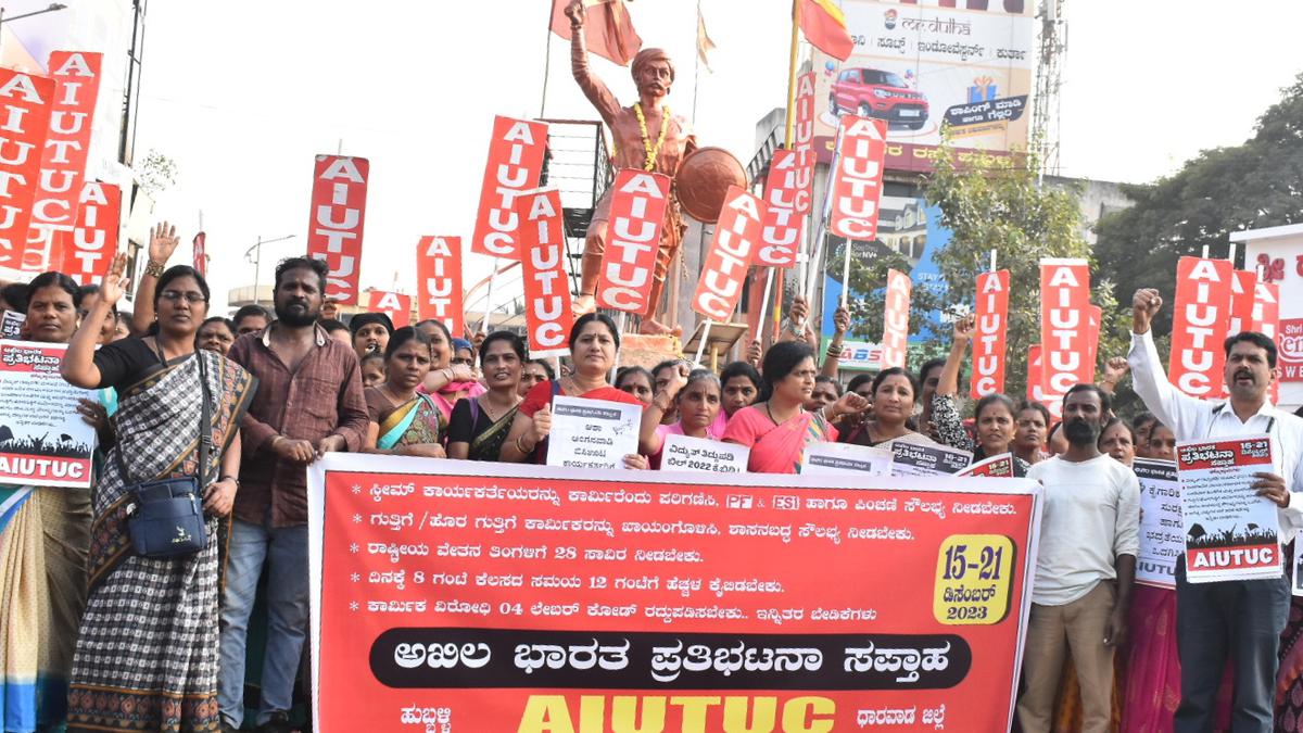 Members of All India United Trade Union Centre Stage Demonstration in Hubballi