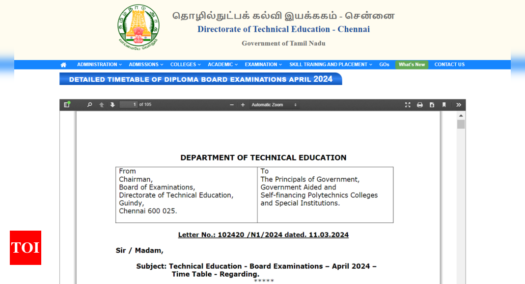 TNDTE Chennai releases Diploma examination timetable for 2024